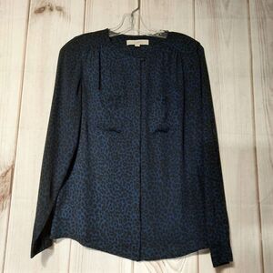 Loft Blouse Ladies Size Extra Small  Blue Leopard ‎ Print Long Sleeve